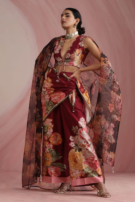 Moh India Burgundy Chanderi Silk The Maharani Bagh Scarf 