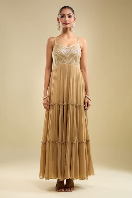 Samyukta Singhania Brown Georgette, Net Beads, Embroidery Sweetheart Neck Anarkali With Dupatta Online at Aza Fashions Samyukta Singhania_Brown Georgette, Net Beads, Embroidery Sweetheart Neck Anarkali With Dupatta _Online_at_Aza_Fashions