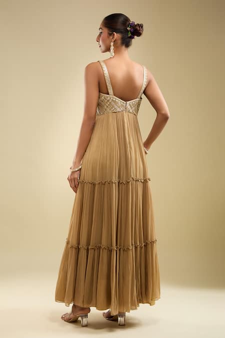 Shop Samyukta Singhania Brown Georgette, Net Beads, Embroidery Sweetheart Neck Anarkali With Dupatta at Aza Fashions Shop_Samyukta Singhania_Brown Georgette, Net Beads, Embroidery Sweetheart Neck Anarkali With Dupatta _at_Aza_Fashions