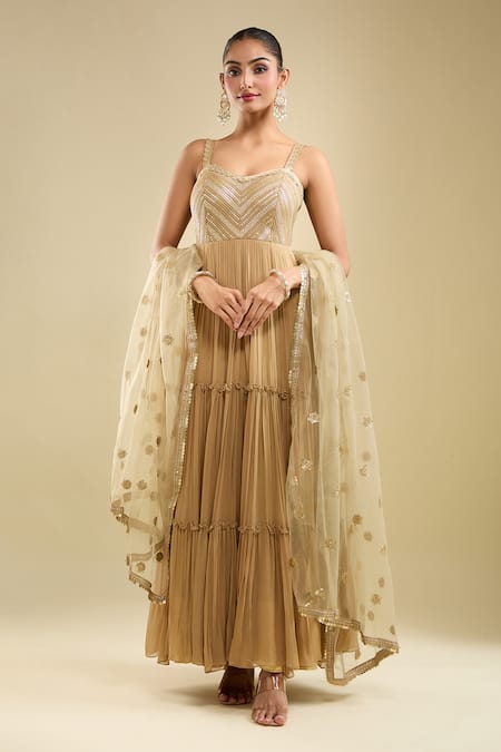 Samyukta Singhania Brown Georgette, Net Beads, Embroidery Sweetheart Neck Anarkali With Dupatta