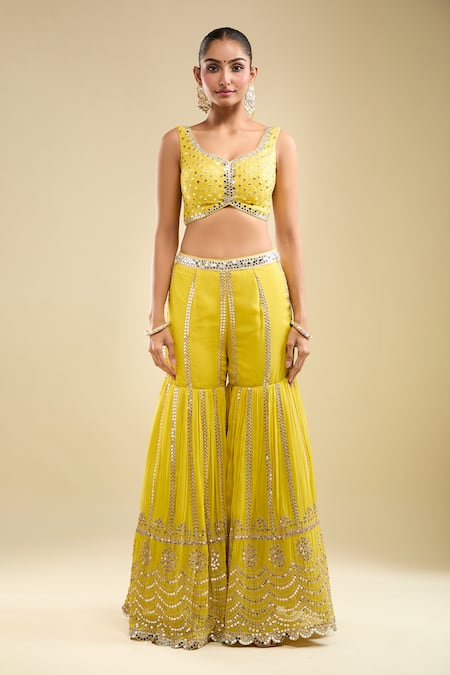 Samyukta Singhania Yellow Georgette, Net Sequins, Beads V-neck Embroidered Blouse Gharara Set Online at Aza Fashions Samyukta Singhania_Yellow Georgette, Net Sequins, Beads V-neck Embroidered Blouse Gharara Set _Online_at_Aza_Fashions