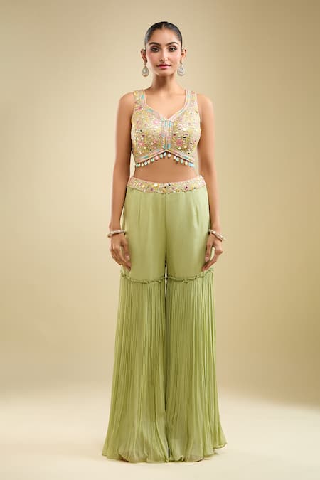Samyukta Singhania_Green Georgette Sequins, Beads, Pom-poms Leaf Embroidered Blouse Gharara Set _Online_at_Aza_Fashions