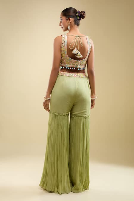 Shop_Samyukta Singhania_Green Georgette Sequins, Beads, Pom-poms Leaf Embroidered Blouse Gharara Set _at_Aza_Fashions