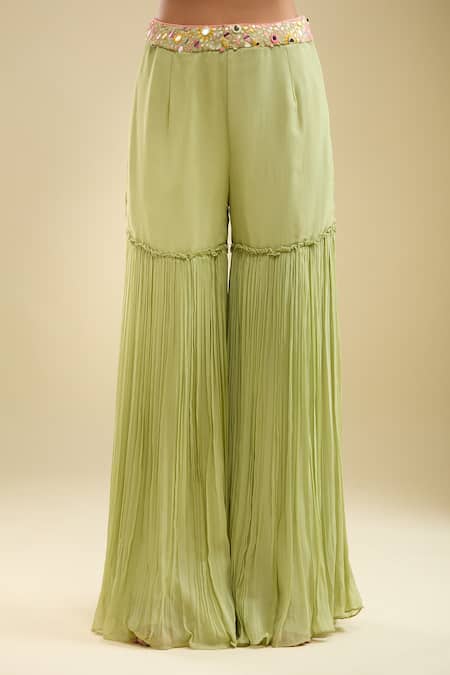 Buy_Samyukta Singhania_Green Georgette Sequins, Beads, Pom-poms Leaf Embroidered Blouse Gharara Set _Online_at_Aza_Fashions