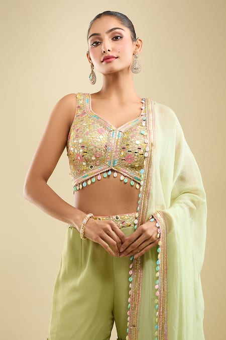 Shop_Samyukta Singhania_Green Georgette Sequins, Beads, Pom-poms Leaf Embroidered Blouse Gharara Set _Online_at_Aza_Fashions