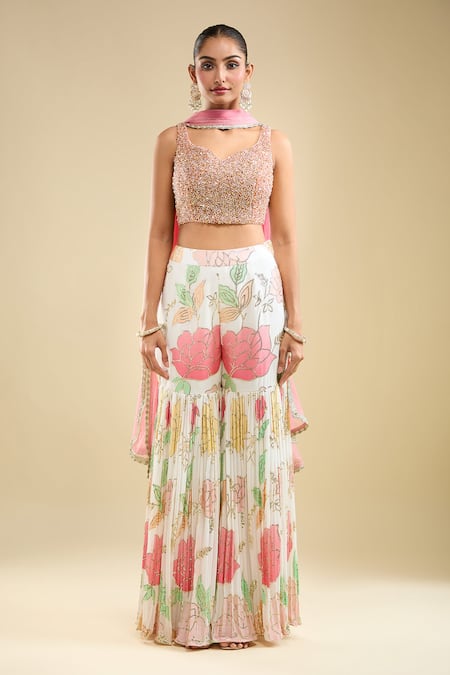 Samyukta Singhania_Peach Georgette, Net Beads, Sequins, Embroidery Scoop Neck Blouse Gharara Set _Online_at_Aza_Fashions