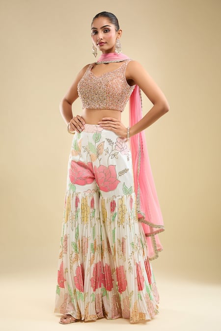 Samyukta Singhania Peach Georgette, Net Beads, Sequins, Embroidery Scoop Neck Blouse Gharara Set 