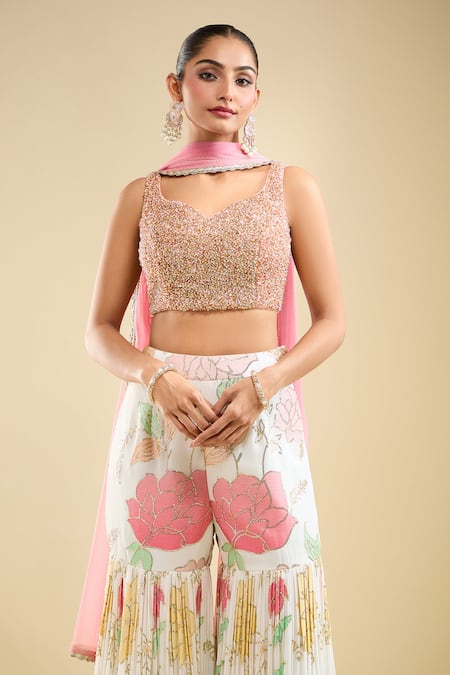 Shop_Samyukta Singhania_Peach Georgette, Net Beads, Sequins, Embroidery Scoop Neck Blouse Gharara Set _Online_at_Aza_Fashions