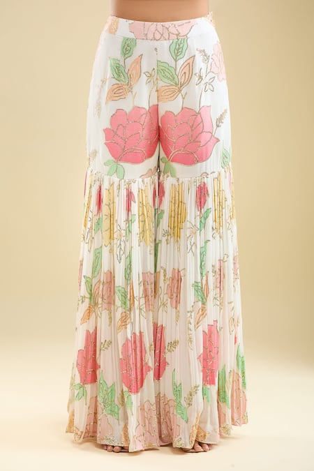 Samyukta Singhania_Peach Georgette, Net Beads, Sequins, Embroidery Scoop Neck Blouse Gharara Set _at_Aza_Fashions