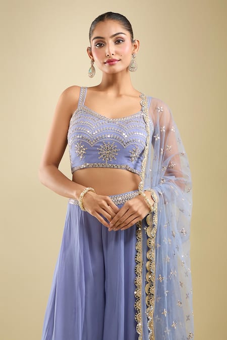 Samyukta Singhania_Blue Georgette, Net Sequins, Embroidery Round Neck Blouse Gharara Set _Online_at_Aza_Fashions