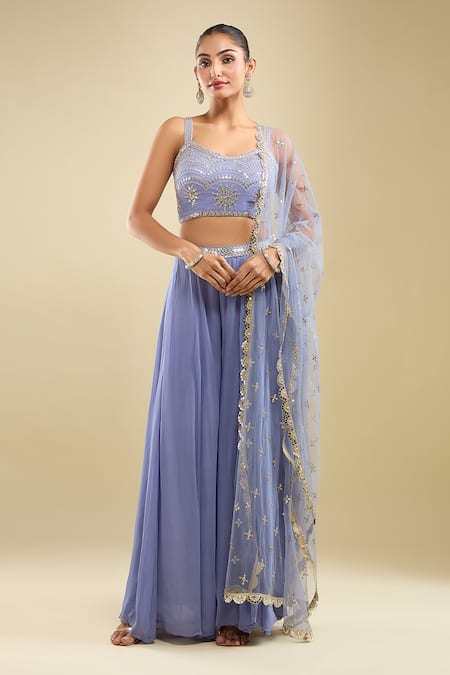 Samyukta Singhania Blue Georgette, Net Sequins, Embroidery Round Neck Blouse Gharara Set 