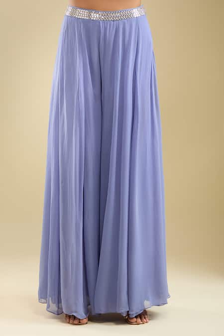 Buy_Samyukta Singhania_Blue Georgette, Net Sequins, Embroidery Round Neck Blouse Gharara Set _Online_at_Aza_Fashions