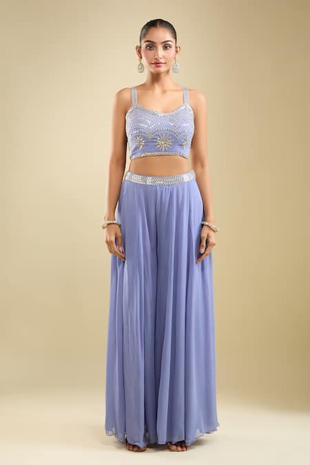 Shop_Samyukta Singhania_Blue Georgette, Net Sequins, Embroidery Round Neck Blouse Gharara Set _Online_at_Aza_Fashions