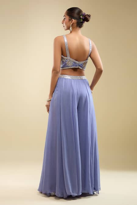 Shop_Samyukta Singhania_Blue Georgette, Net Sequins, Embroidery Round Neck Blouse Gharara Set _at_Aza_Fashions