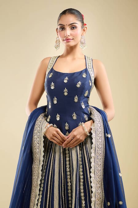 Buy_Samyukta Singhania_Navy Silk Embroidery Round Neck Lehenga Set_Online_at_Aza_Fashions