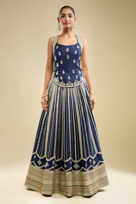 Samyukta Singhania_Navy Silk Embroidery Round Neck Lehenga Set_at_Aza_Fashions