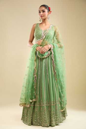 Shop Samyukta Singhania Mint Georgette, Net Sequins, Embroidery V-neck Lehenga Blouse Set Online at Aza Fashions Shop_Samyukta Singhania_Mint Georgette, Net Sequins, Embroidery V-neck Lehenga Blouse Set _Online_at_Aza_Fashions