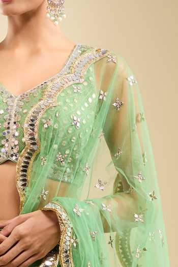 Buy Samyukta Singhania Mint Georgette, Net Sequins, Embroidery V-neck Lehenga Blouse Set Buy_Samyukta Singhania_Mint Georgette, Net Sequins, Embroidery V-neck Lehenga Blouse Set