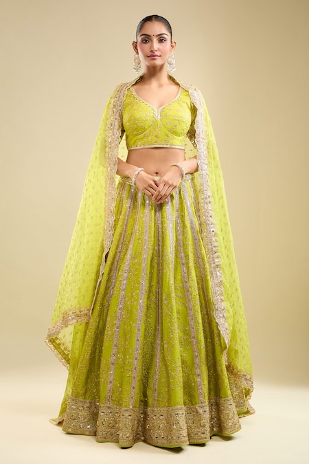 Samyukta Singhania_Green Silk, Organza Sequins, Embroidery V-neck Lehenga Blouse Set _at_Aza_Fashions