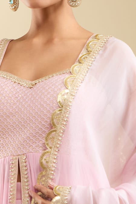 Samyukta Singhania_Pink Georgette, Net Embroidery Sweetheart Neck Peplum Kurta Gharara Set _Online_at_Aza_Fashions