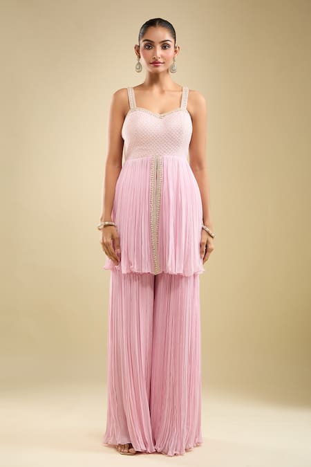 Buy_Samyukta Singhania_Pink Georgette, Net Embroidery Sweetheart Neck Peplum Kurta Gharara Set _Online_at_Aza_Fashions
