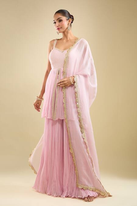 Shop_Samyukta Singhania_Pink Georgette, Net Embroidery Sweetheart Neck Peplum Kurta Gharara Set _Online_at_Aza_Fashions