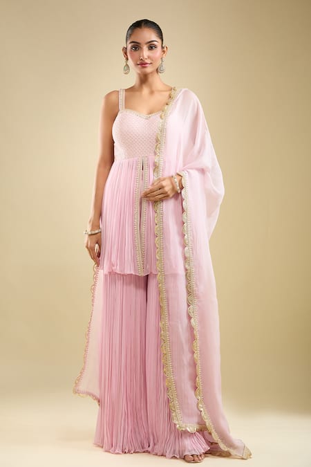 Samyukta Singhania Pink Georgette, Net Embroidery Sweetheart Neck Peplum Kurta Gharara Set