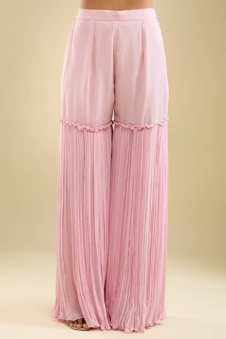 Samyukta Singhania_Pink Georgette, Net Embroidery Sweetheart Neck Peplum Kurta Gharara Set _at_Aza_Fashions