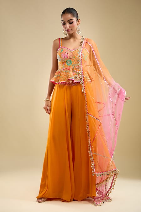 Samyukta Singhania Orange Georgette Embroidery, Beads Sweetheart Neck Peplum Kurta Gharara Set Online at Aza Fashions Samyukta Singhania_Orange Georgette Embroidery, Beads Sweetheart Neck Peplum Kurta Gharara Set _Online_at_Aza_Fashions