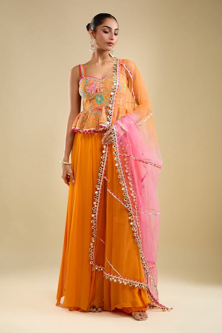 Buy Samyukta Singhania Orange Georgette Embroidery, Beads Sweetheart Neck Peplum Kurta Gharara Set Online at Aza Fashions Buy_Samyukta Singhania_Orange Georgette Embroidery, Beads Sweetheart Neck Peplum Kurta Gharara Set _Online_at_Aza_Fashions