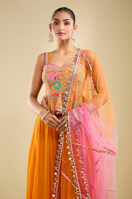 Samyukta Singhania Orange Georgette Embroidery, Beads Sweetheart Neck Peplum Kurta Gharara Set at Aza Fashions Samyukta Singhania_Orange Georgette Embroidery, Beads Sweetheart Neck Peplum Kurta Gharara Set _at_Aza_Fashions