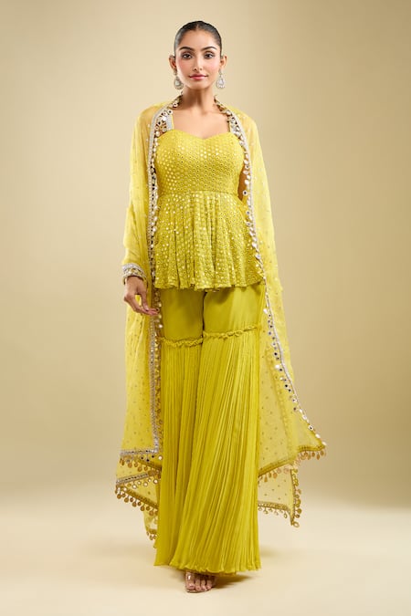 Buy_Samyukta Singhania_Yellow Georgette Sequins, Embroidery Sweetheart Neck Peplum Kurta Gharara Set _Online_at_Aza_Fashions
