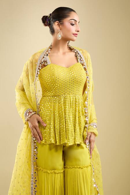 Shop_Samyukta Singhania_Yellow Georgette Sequins, Embroidery Sweetheart Neck Peplum Kurta Gharara Set _Online_at_Aza_Fashions