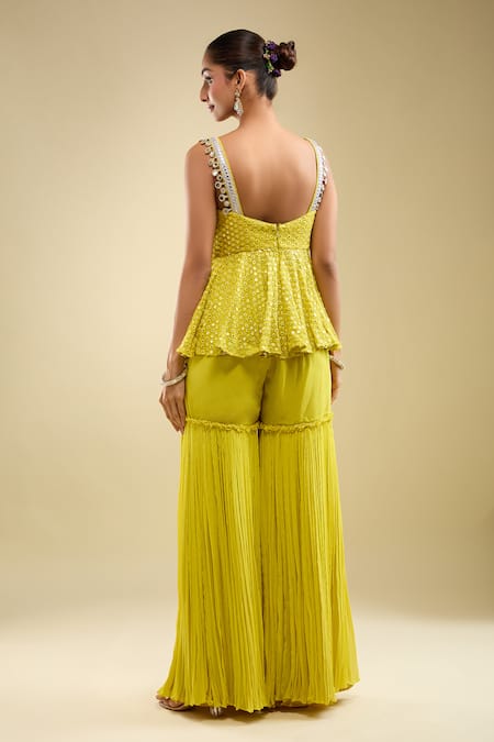 Shop_Samyukta Singhania_Yellow Georgette Sequins, Embroidery Sweetheart Neck Peplum Kurta Gharara Set _at_Aza_Fashions