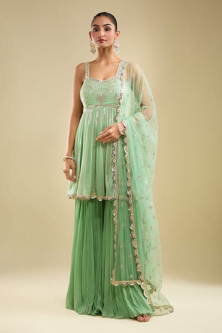 Samyukta Singhania Mint Georgette, Net Sequins, Embroidery Sweetheart Neck Peplum Kurta Gharara Set