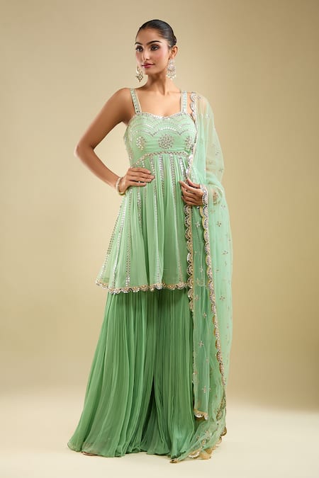 Samyukta Singhania_Mint Georgette, Net Sequins, Embroidery Sweetheart Neck Peplum Kurta Gharara Set _Online_at_Aza_Fashions
