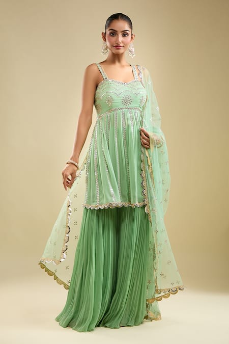 Buy_Samyukta Singhania_Mint Georgette, Net Sequins, Embroidery Sweetheart Neck Peplum Kurta Gharara Set _Online_at_Aza_Fashions