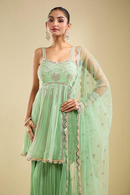 Shop_Samyukta Singhania_Mint Georgette, Net Sequins, Embroidery Sweetheart Neck Peplum Kurta Gharara Set _Online_at_Aza_Fashions
