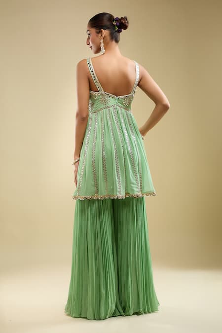 Shop_Samyukta Singhania_Mint Georgette, Net Sequins, Embroidery Sweetheart Neck Peplum Kurta Gharara Set _at_Aza_Fashions