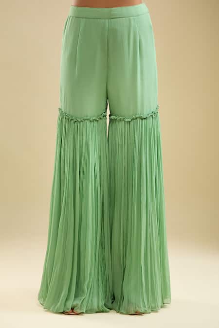 Samyukta Singhania_Mint Georgette, Net Sequins, Embroidery Sweetheart Neck Peplum Kurta Gharara Set _at_Aza_Fashions