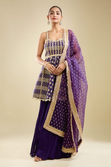 Buy Samyukta Singhania Purple Georgette, Organza Embroidery Sweetheart Neck Peplum Kurta Gharara Set Online at Aza Fashions Buy_Samyukta Singhania_Purple Georgette, Organza Embroidery Sweetheart Neck Peplum Kurta Gharara Set _Online_at_Aza_Fashions