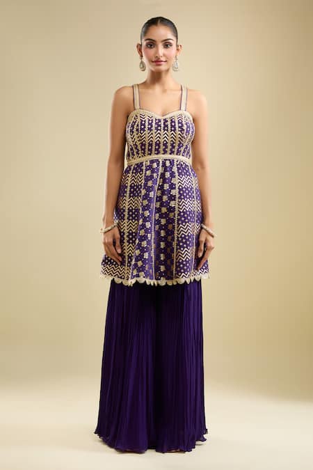 Shop Samyukta Singhania Purple Georgette, Organza Embroidery Sweetheart Neck Peplum Kurta Gharara Set Online at Aza Fashions Shop_Samyukta Singhania_Purple Georgette, Organza Embroidery Sweetheart Neck Peplum Kurta Gharara Set _Online_at_Aza_Fashions