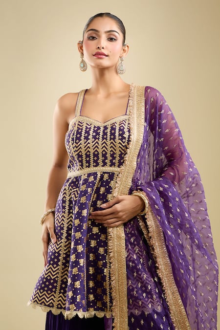 Samyukta Singhania Purple Georgette, Organza Embroidery Sweetheart Neck Peplum Kurta Gharara Set at Aza Fashions Samyukta Singhania_Purple Georgette, Organza Embroidery Sweetheart Neck Peplum Kurta Gharara Set _at_Aza_Fashions