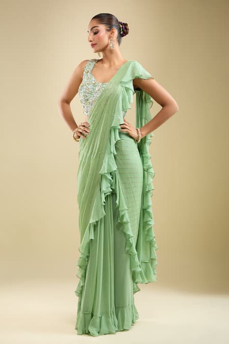 Samyukta Singhania_Mint Georgette Sequins, Beads, Embroidery Ruffle Pre-draped Saree With Blouse _Online_at_Aza_Fashions