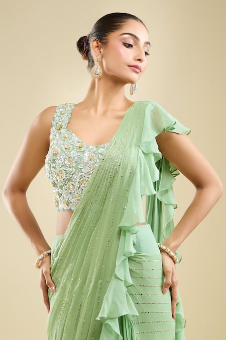 Buy_Samyukta Singhania_Mint Georgette Sequins, Beads, Embroidery Ruffle Pre-draped Saree With Blouse _Online_at_Aza_Fashions