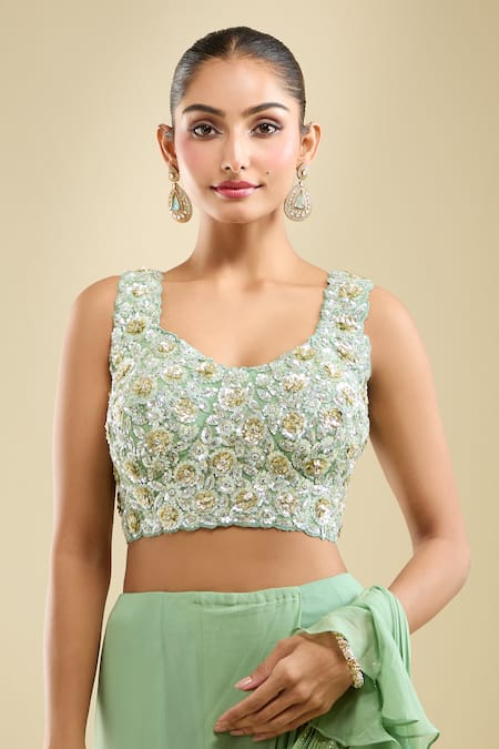 Samyukta Singhania_Mint Georgette Sequins, Beads, Embroidery Ruffle Pre-draped Saree With Blouse _at_Aza_Fashions
