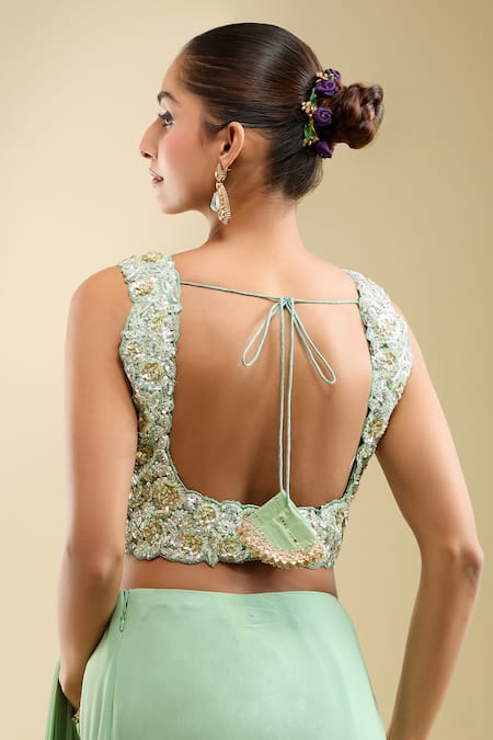 Buy_Samyukta Singhania_Mint Georgette Sequins, Beads, Embroidery Ruffle Pre-draped Saree With Blouse 