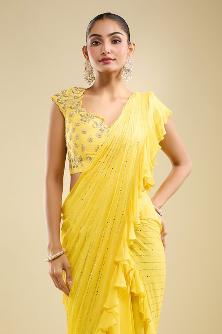 Samyukta Singhania Yellow Georgette Ruffles, Sequins, Embroidery, Pre-draped Saree With Blouse Online at Aza Fashions Samyukta Singhania_Yellow Georgette Ruffles, Sequins, Embroidery, Pre-draped Saree With Blouse _Online_at_Aza_Fashions