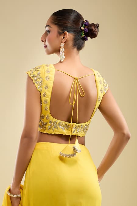 Buy Samyukta Singhania Yellow Georgette Ruffles, Sequins, Embroidery, Pre-draped Saree With Blouse Online at Aza Fashions Buy_Samyukta Singhania_Yellow Georgette Ruffles, Sequins, Embroidery, Pre-draped Saree With Blouse _Online_at_Aza_Fashions