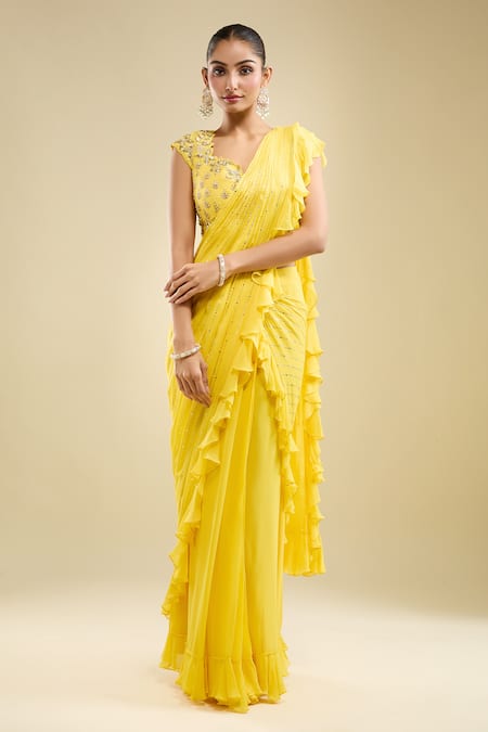 Samyukta Singhania Yellow Georgette Ruffles, Sequins, Embroidery, Pre-draped Saree With Blouse at Aza Fashions Samyukta Singhania_Yellow Georgette Ruffles, Sequins, Embroidery, Pre-draped Saree With Blouse _at_Aza_Fashions
